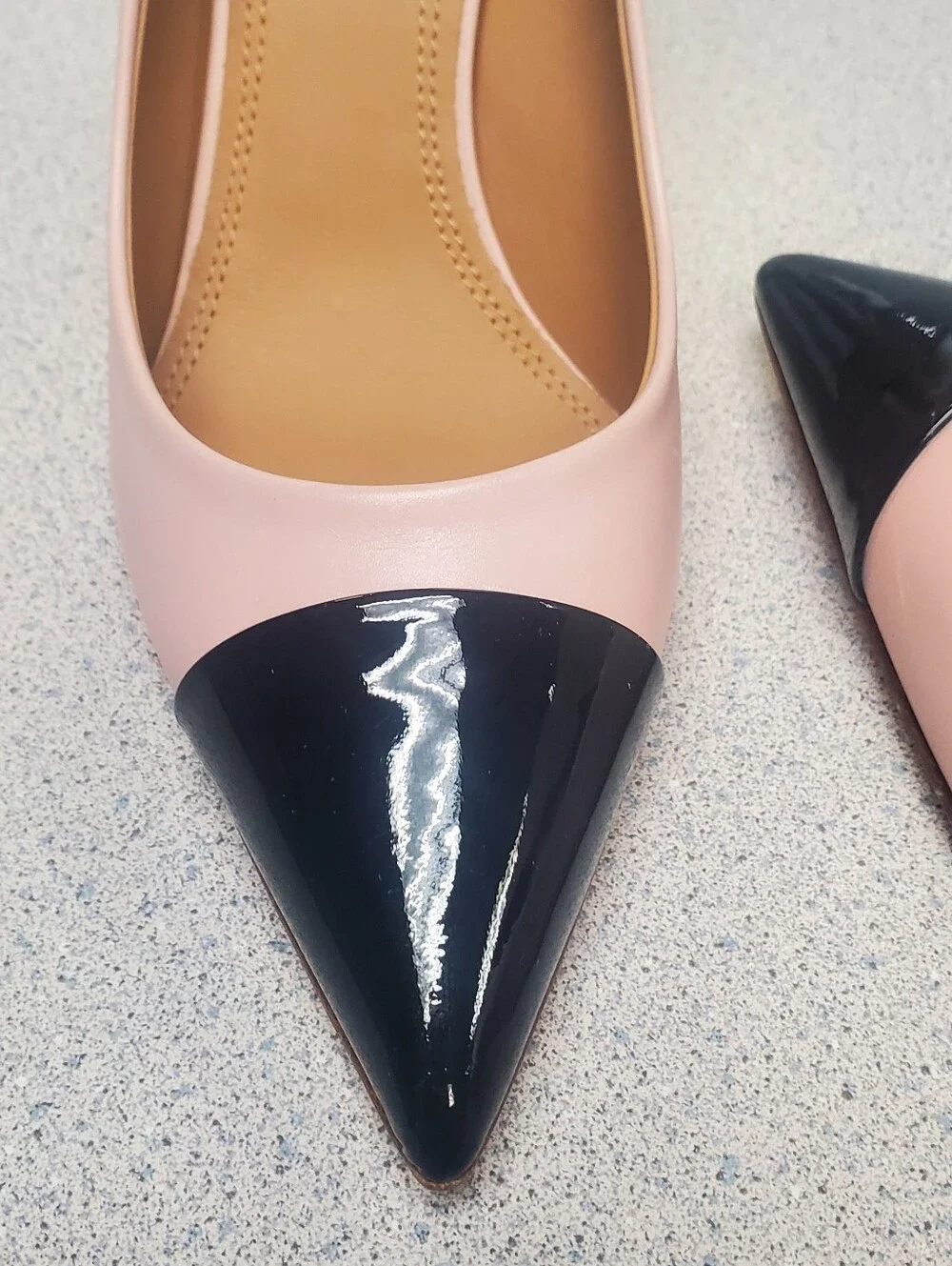 Tory Burch Blush Pink Pointed-Toe Pumps with Black Patent Cap